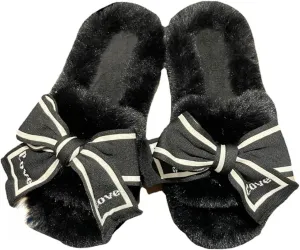 Bow Tie Slippers Soft and Fluffy Open Toe Slippers for Women Winter Indoor Outdoor Shoes