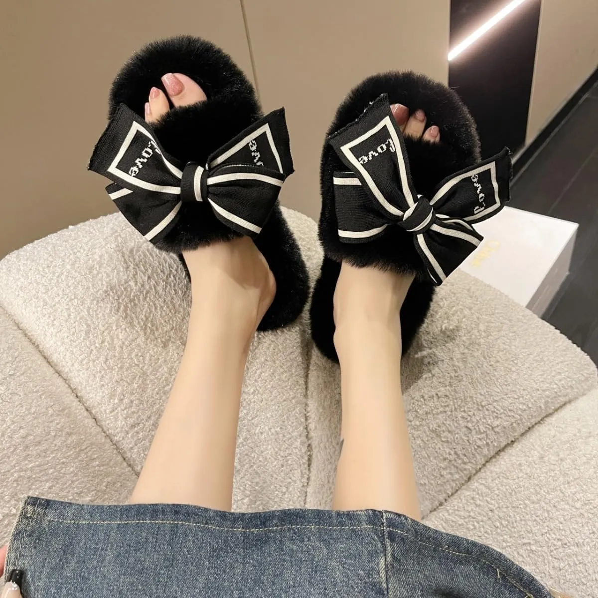 Bow Tie Slippers Soft and Fluffy Open Toe Slippers for Women Winter Indoor Outdoor Shoes
