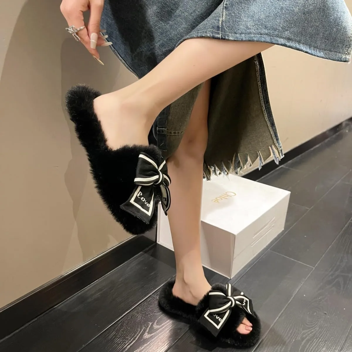 Bow Tie Slippers Soft and Fluffy Open Toe Slippers for Women Winter Indoor Outdoor Shoes