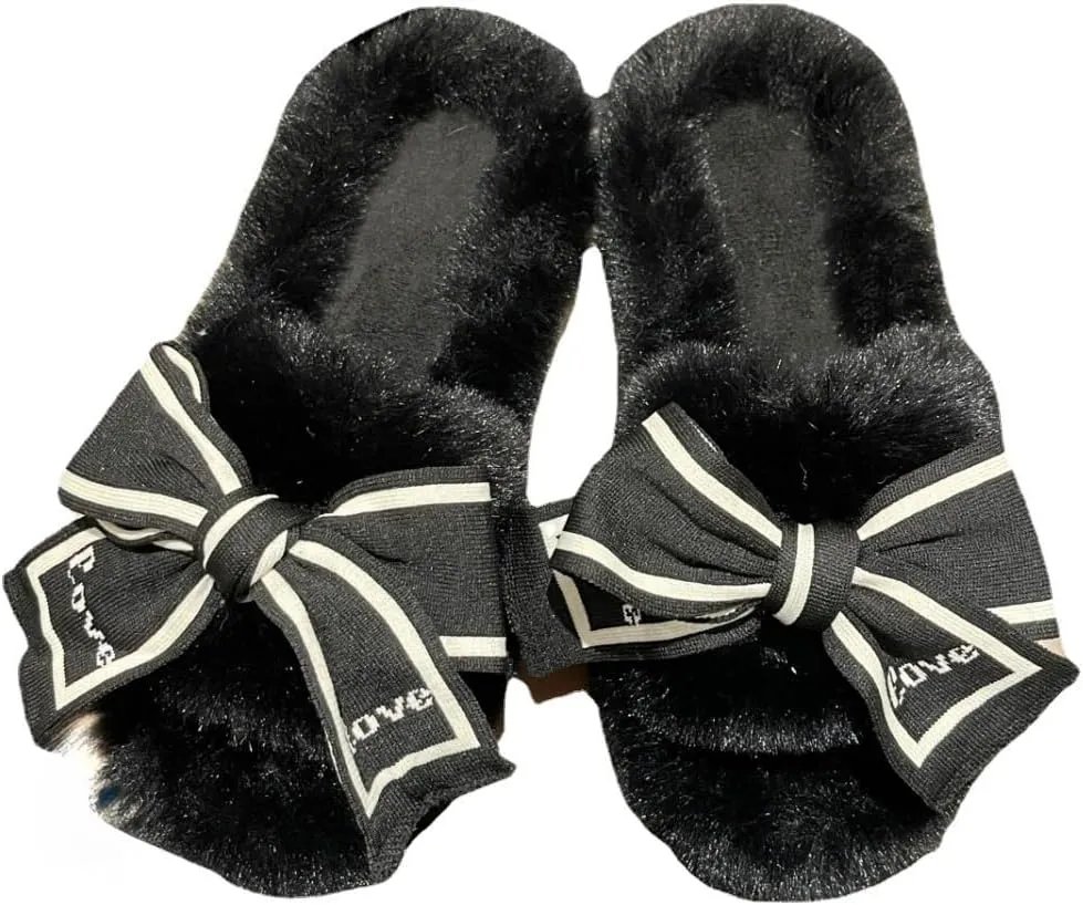 Bow Tie Slippers Soft and Fluffy Open Toe Slippers for Women Winter Indoor Outdoor Shoes