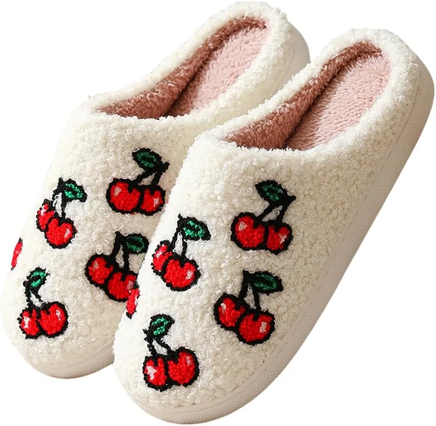 Cartoon Slippers for Women Men, Soft Fluffy Warm Lightweight Non-Slip Cute House Slippers Slip-On Cozy Indoor Outdoor Heart Meet Ne at Night Mushroom Cherry Strawberry Evil Eye Slippers