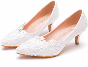 ChaiRong Zhou Women Classy Wedding Pumps, Pointy Toe Lace Flower Mid Heel Stilettos Slip on Dress Bridal Shoes