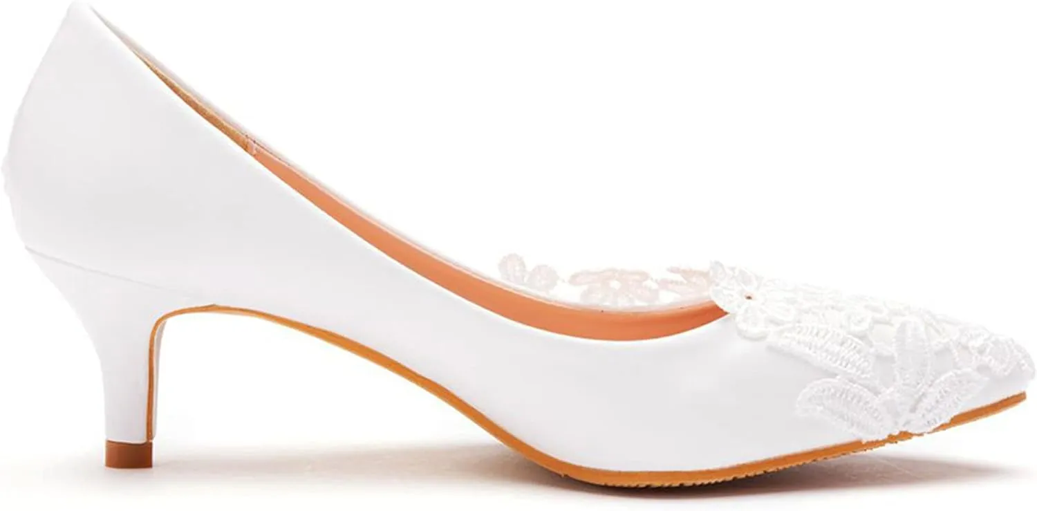 ChaiRong Zhou Women Classy Wedding Pumps, Pointy Toe Lace Flower Mid Heel Stilettos Slip on Dress Bridal Shoes