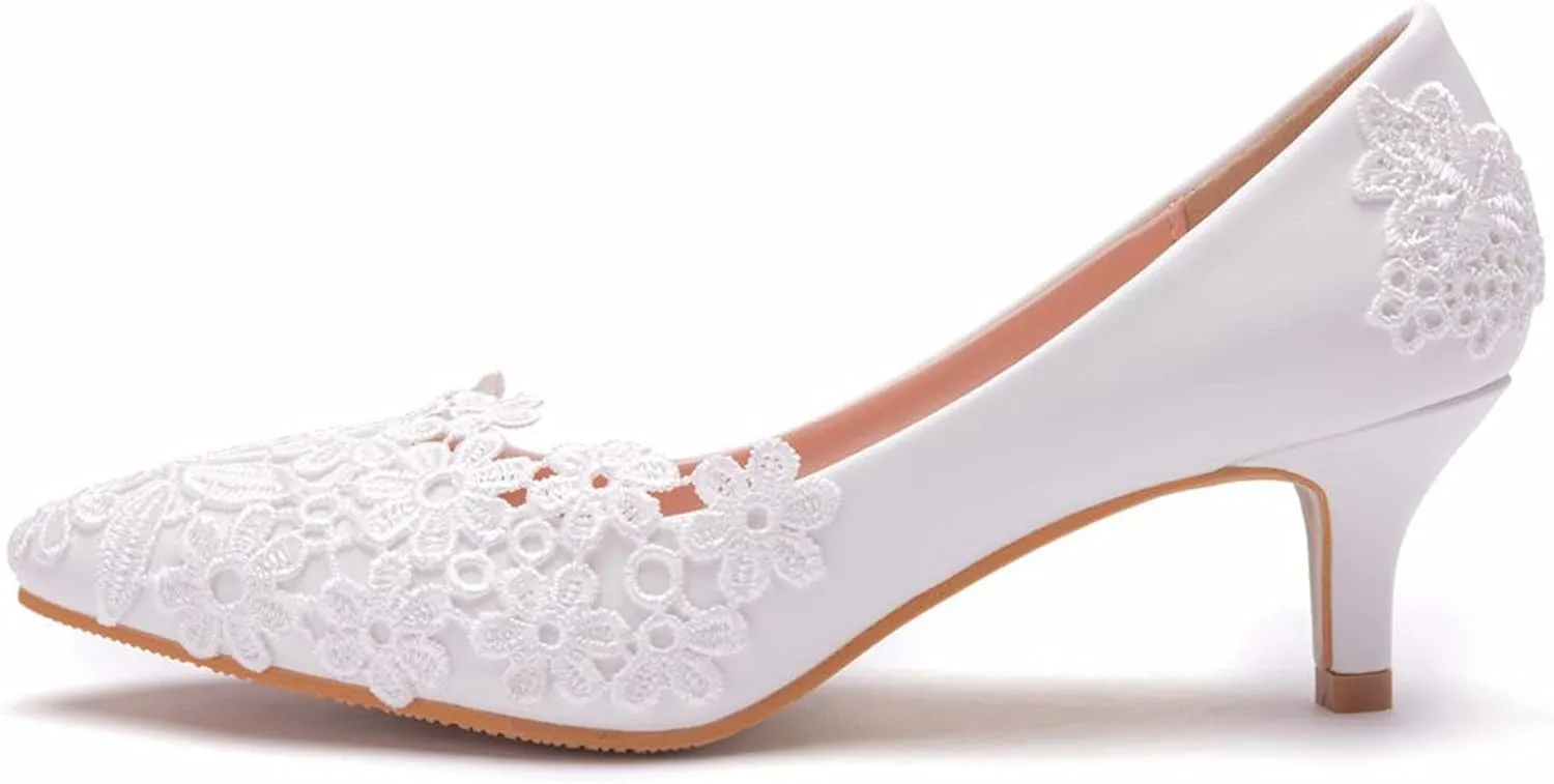ChaiRong Zhou Women Classy Wedding Pumps, Pointy Toe Lace Flower Mid Heel Stilettos Slip on Dress Bridal Shoes