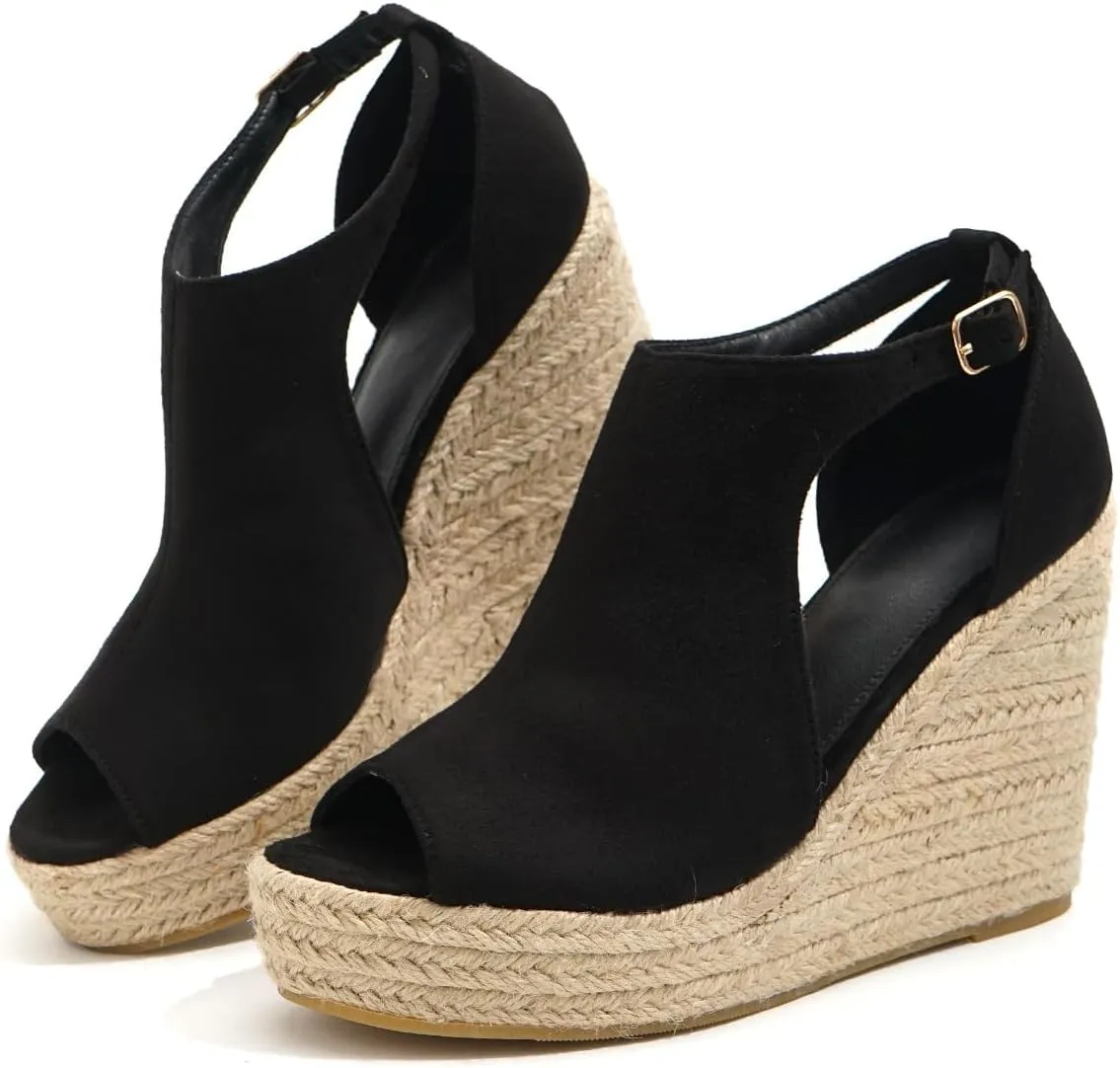 Chic Espadrille Wedge Sandals - Stylish Peep Toe with Cut-Out Detail, Adjustable Buckle Strap, Stiletto Heels, and Comfortable Platform - Perfect Trendy Footwear for Your Summer Holiday 520-1