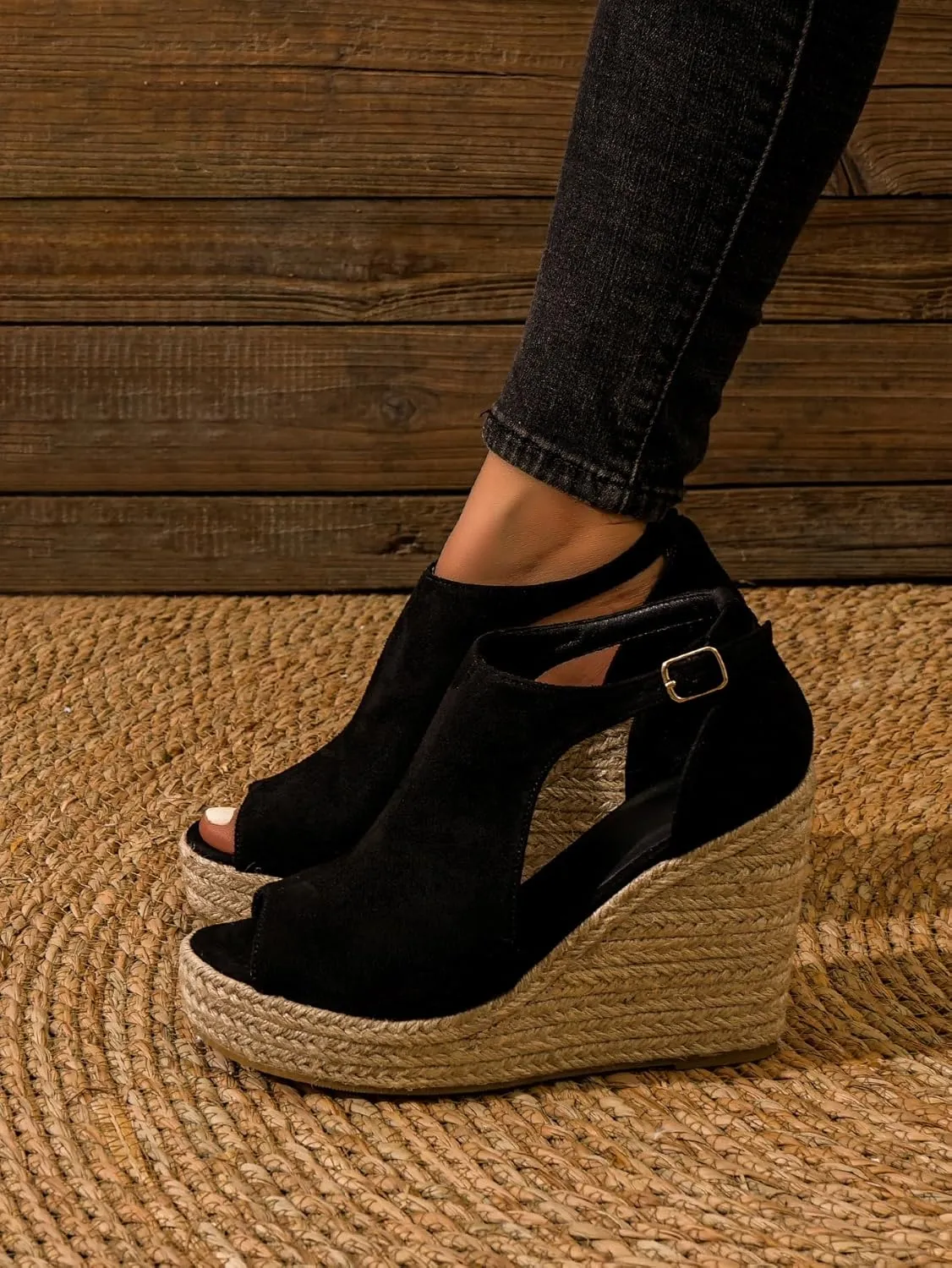 Chic Espadrille Wedge Sandals - Stylish Peep Toe with Cut-Out Detail, Adjustable Buckle Strap, Stiletto Heels, and Comfortable Platform - Perfect Trendy Footwear for Your Summer Holiday 520-1