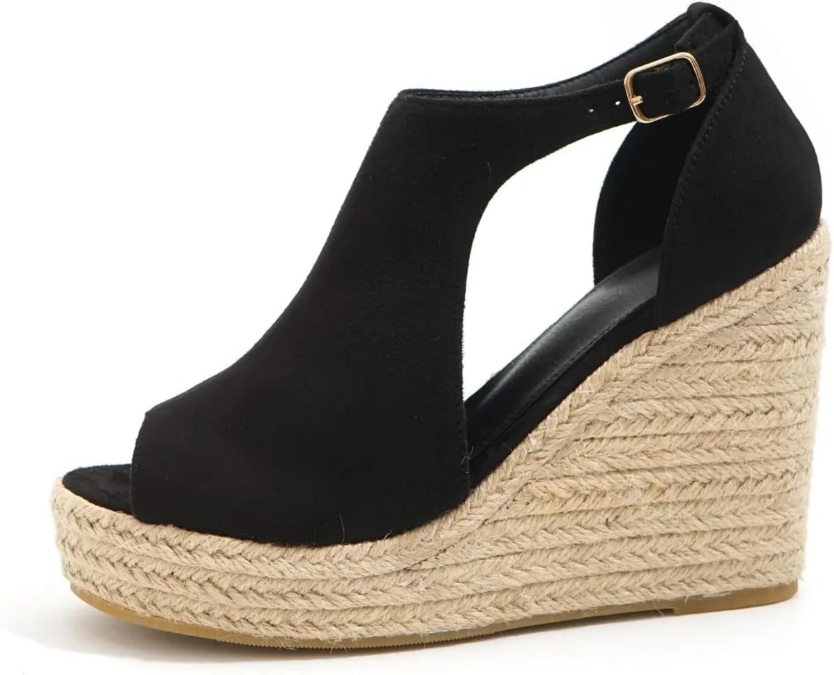 Chic Espadrille Wedge Sandals - Stylish Peep Toe with Cut-Out Detail, Adjustable Buckle Strap, Stiletto Heels, and Comfortable Platform - Perfect Trendy Footwear for Your Summer Holiday 520-1