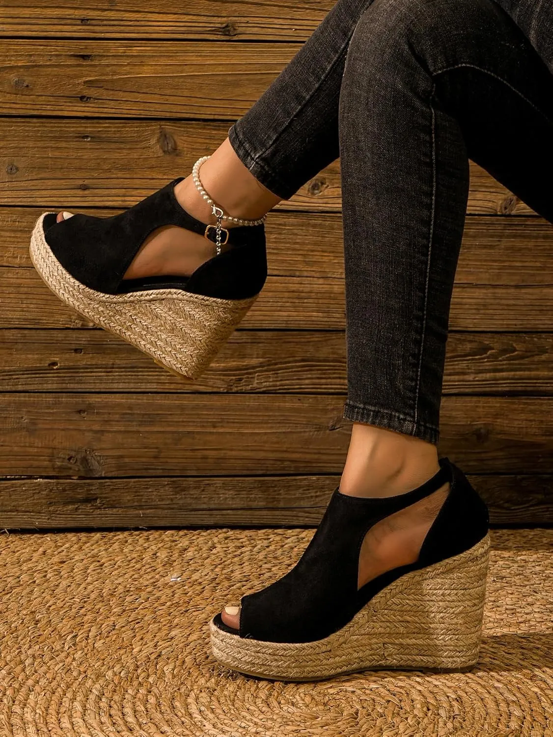 Chic Espadrille Wedge Sandals - Stylish Peep Toe with Cut-Out Detail, Adjustable Buckle Strap, Stiletto Heels, and Comfortable Platform - Perfect Trendy Footwear for Your Summer Holiday 520-1
