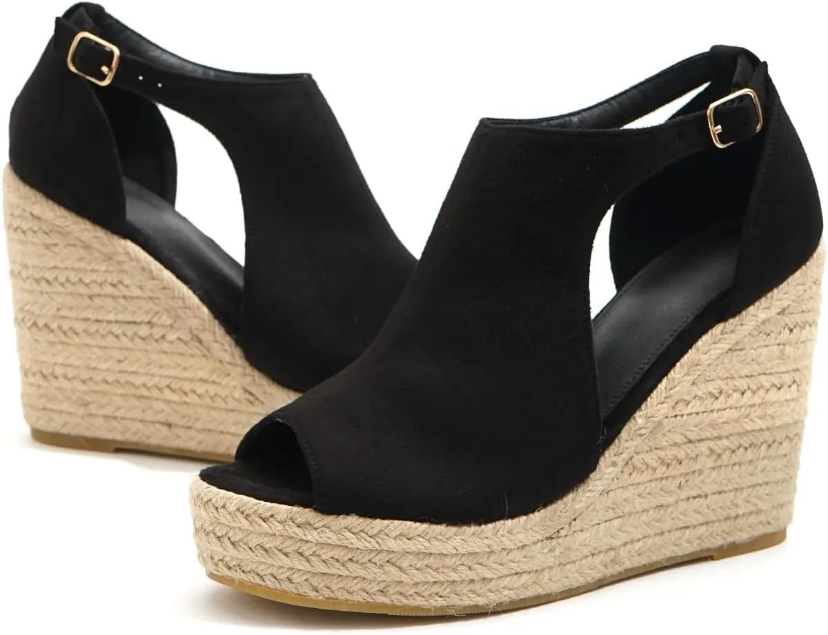 Chic Espadrille Wedge Sandals - Stylish Peep Toe with Cut-Out Detail, Adjustable Buckle Strap, Stiletto Heels, and Comfortable Platform - Perfect Trendy Footwear for Your Summer Holiday 520-1