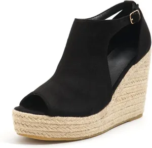 Chic Espadrille Wedge Sandals - Stylish Peep Toe with Cut-Out Detail, Adjustable Buckle Strap, Stiletto Heels, and Comfortable Platform - Perfect Trendy Footwear for Your Summer Holiday 520-1