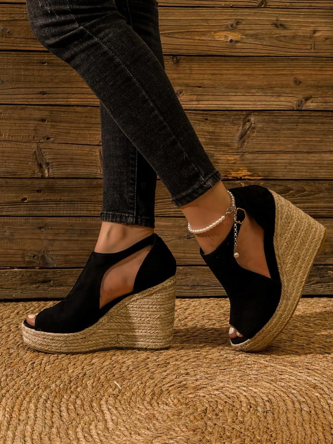 Chic Espadrille Wedge Sandals - Stylish Peep Toe with Cut-Out Detail, Adjustable Buckle Strap, Stiletto Heels, and Comfortable Platform - Perfect Trendy Footwear for Your Summer Holiday 520-1