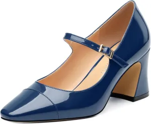 Chunky Block Heels for Women Square Patent Mary Jane Closed Toe Slip On Pumps Party Dress Wedding Shoes 2.5Inch