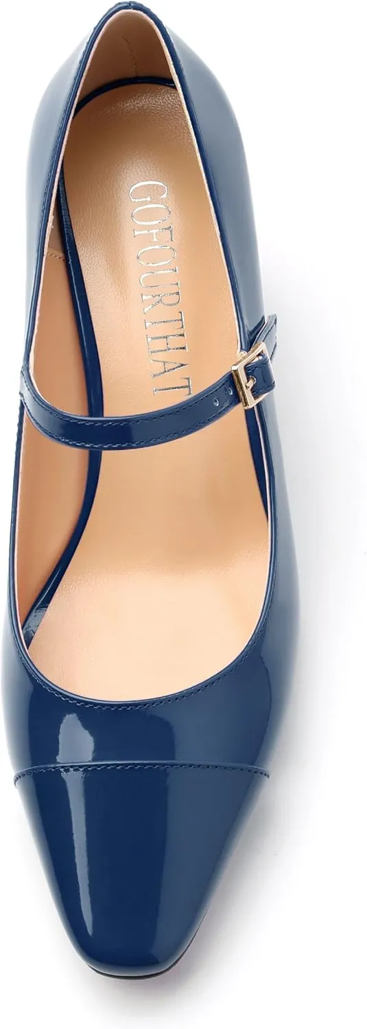 Chunky Block Heels for Women Square Patent Mary Jane Closed Toe Slip On Pumps Party Dress Wedding Shoes 2.5Inch
