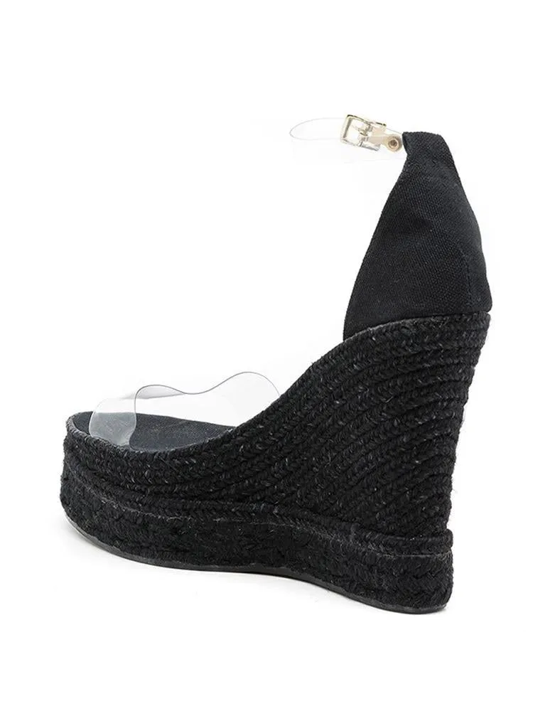 Clear Bands Black Cloth Open-toe Espadrille Wedge Sandals With Adjustable-strap