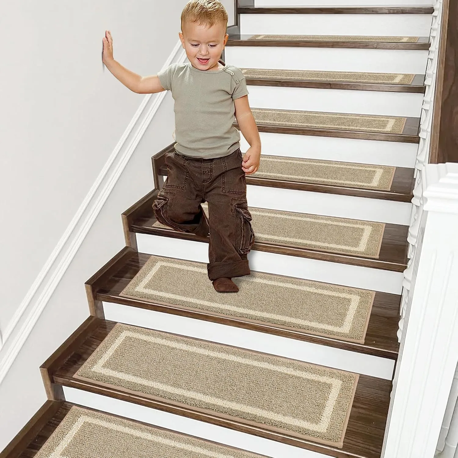 COSY HOMEER Soft Stair Treads 15pcs Non-Slip Carpet Mat 28inX9in Indoor Stair Runners for Wooden Steps,Stair Rugs for Kids and Dogs, 100% Polyester TPE Backing Beige,Square