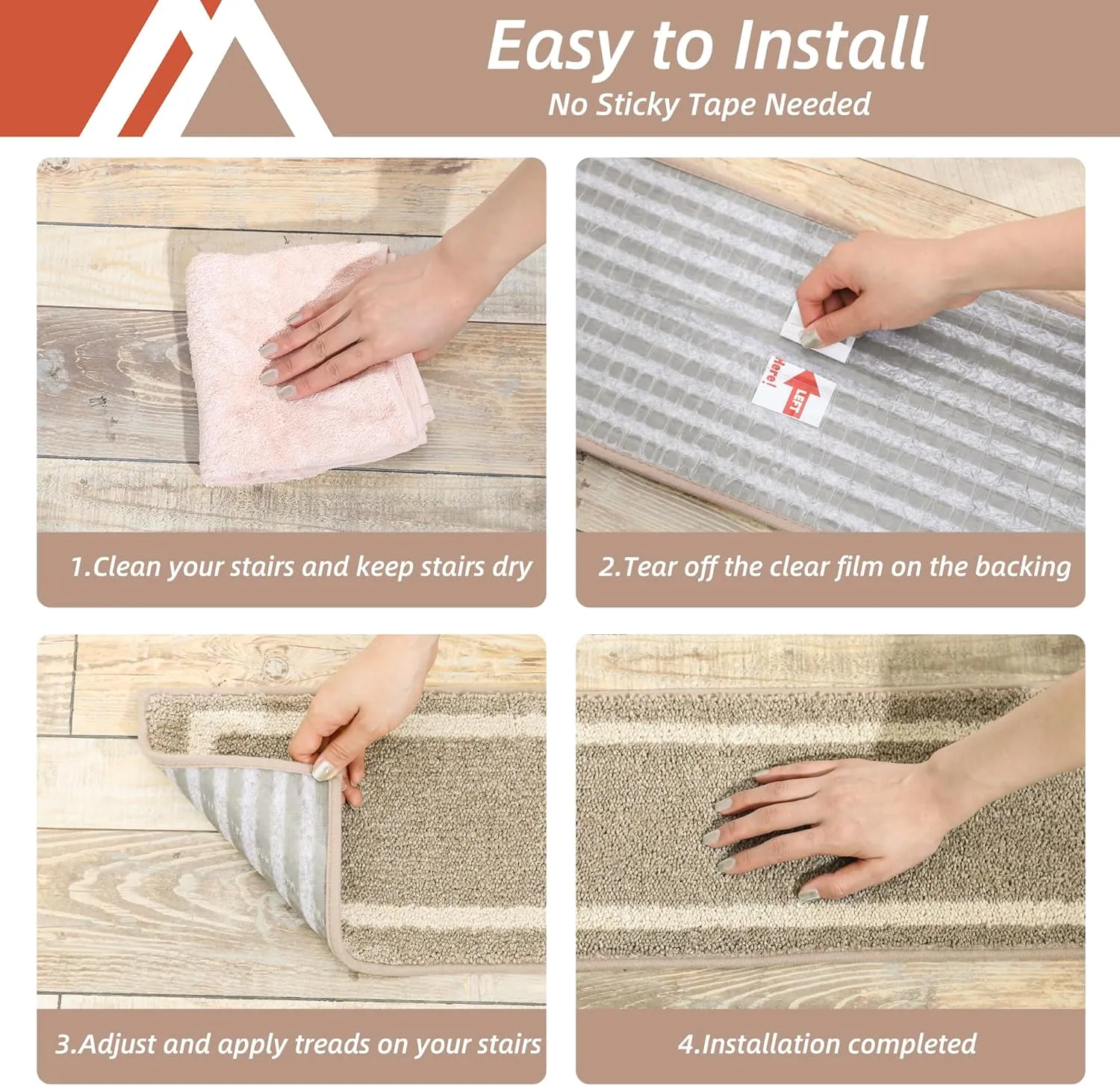COSY HOMEER Soft Stair Treads 15pcs Non-Slip Carpet Mat 28inX9in Indoor Stair Runners for Wooden Steps,Stair Rugs for Kids and Dogs, 100% Polyester TPE Backing Beige,Square