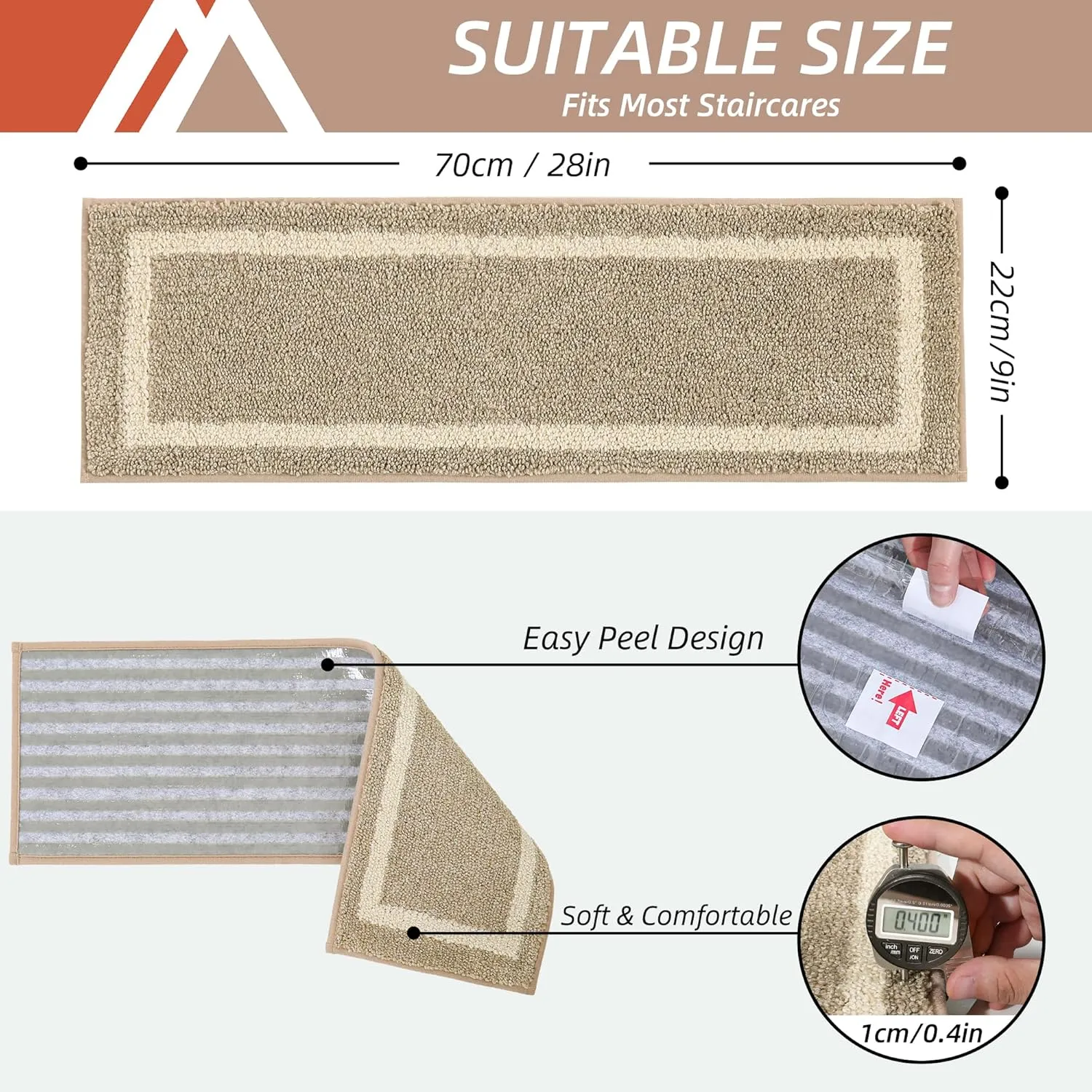 COSY HOMEER Soft Stair Treads 15pcs Non-Slip Carpet Mat 28inX9in Indoor Stair Runners for Wooden Steps,Stair Rugs for Kids and Dogs, 100% Polyester TPE Backing Beige,Square