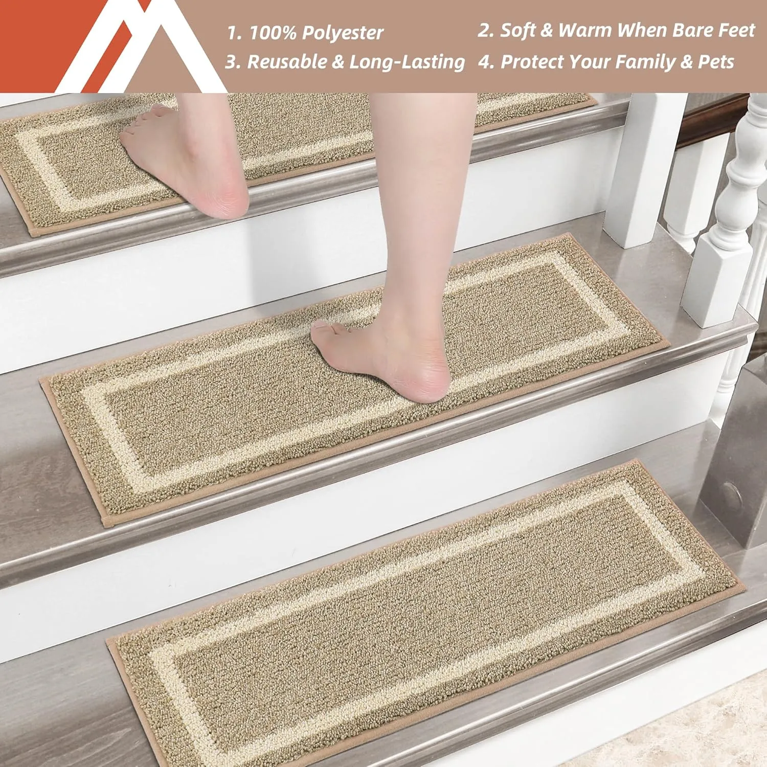 COSY HOMEER Soft Stair Treads 15pcs Non-Slip Carpet Mat 28inX9in Indoor Stair Runners for Wooden Steps,Stair Rugs for Kids and Dogs, 100% Polyester TPE Backing Beige,Square