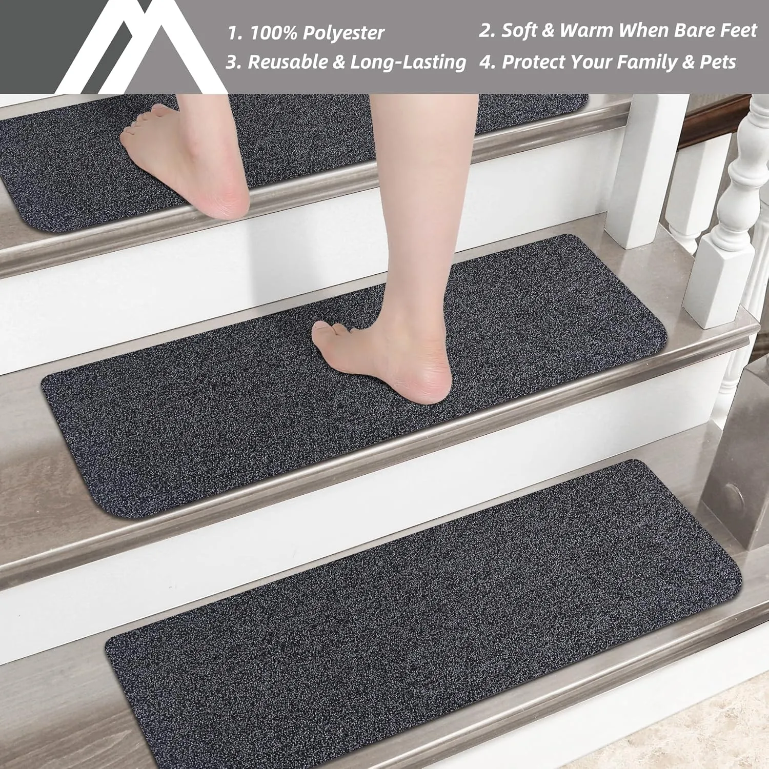 COSY HOMEER Stair Treads Non-Slip Carpet Mat 28inX9in Indoor Stair Runners for Wooden Steps, Stair Rugs for Kids and Dogs, 100% Polyester TPE Backing 10pcs,Black