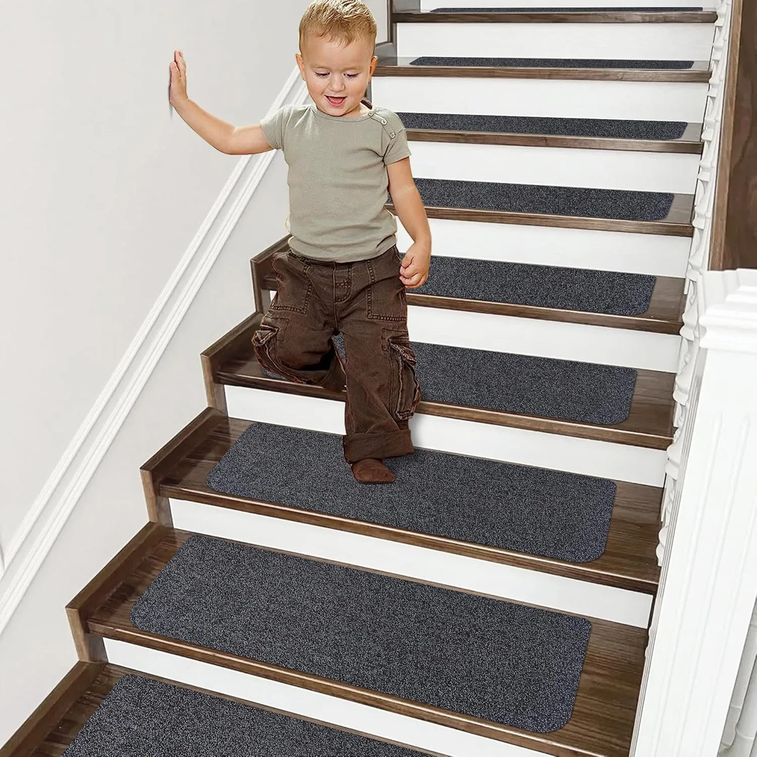 COSY HOMEER Stair Treads Non-Slip Carpet Mat 28inX9in Indoor Stair Runners for Wooden Steps, Stair Rugs for Kids and Dogs, 100% Polyester TPE Backing 10pcs,Black