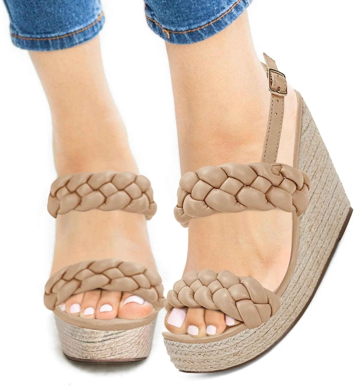 Coutgo Women's Braided Espadrille Platform Wedge Sandals Open Toe Two Strap Ankle Buckle Summer Shoes