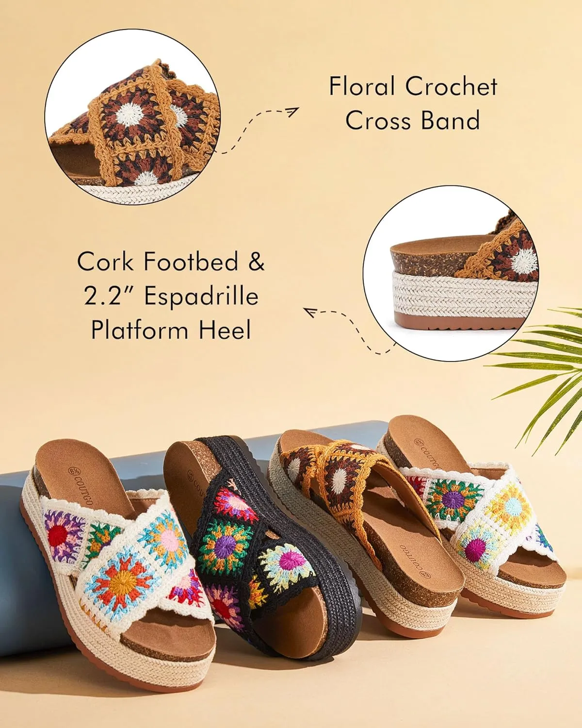 Coutgo Womens Platform Espadrille Sandals Flatform Floral Crochet Cork Open Toe Summer Beach Slide Sandals