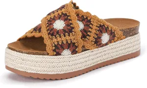 Coutgo Womens Platform Espadrille Sandals Flatform Floral Crochet Cork Open Toe Summer Beach Slide Sandals