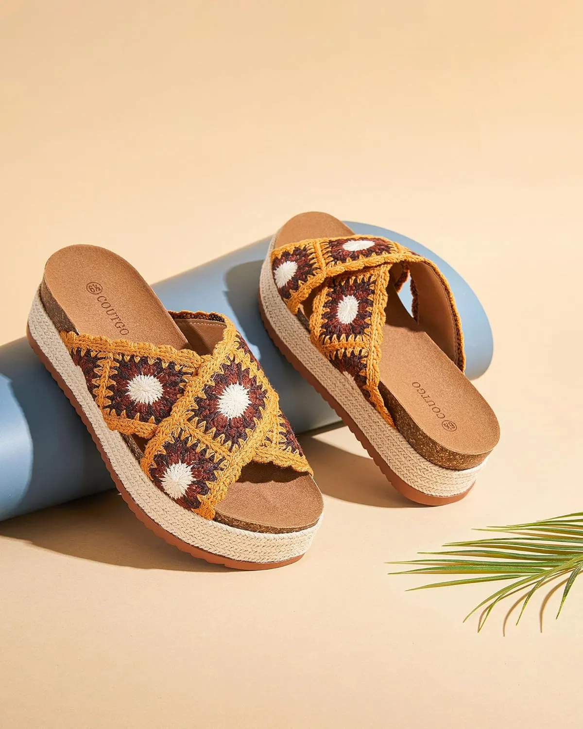 Coutgo Womens Platform Espadrille Sandals Flatform Floral Crochet Cork Open Toe Summer Beach Slide Sandals