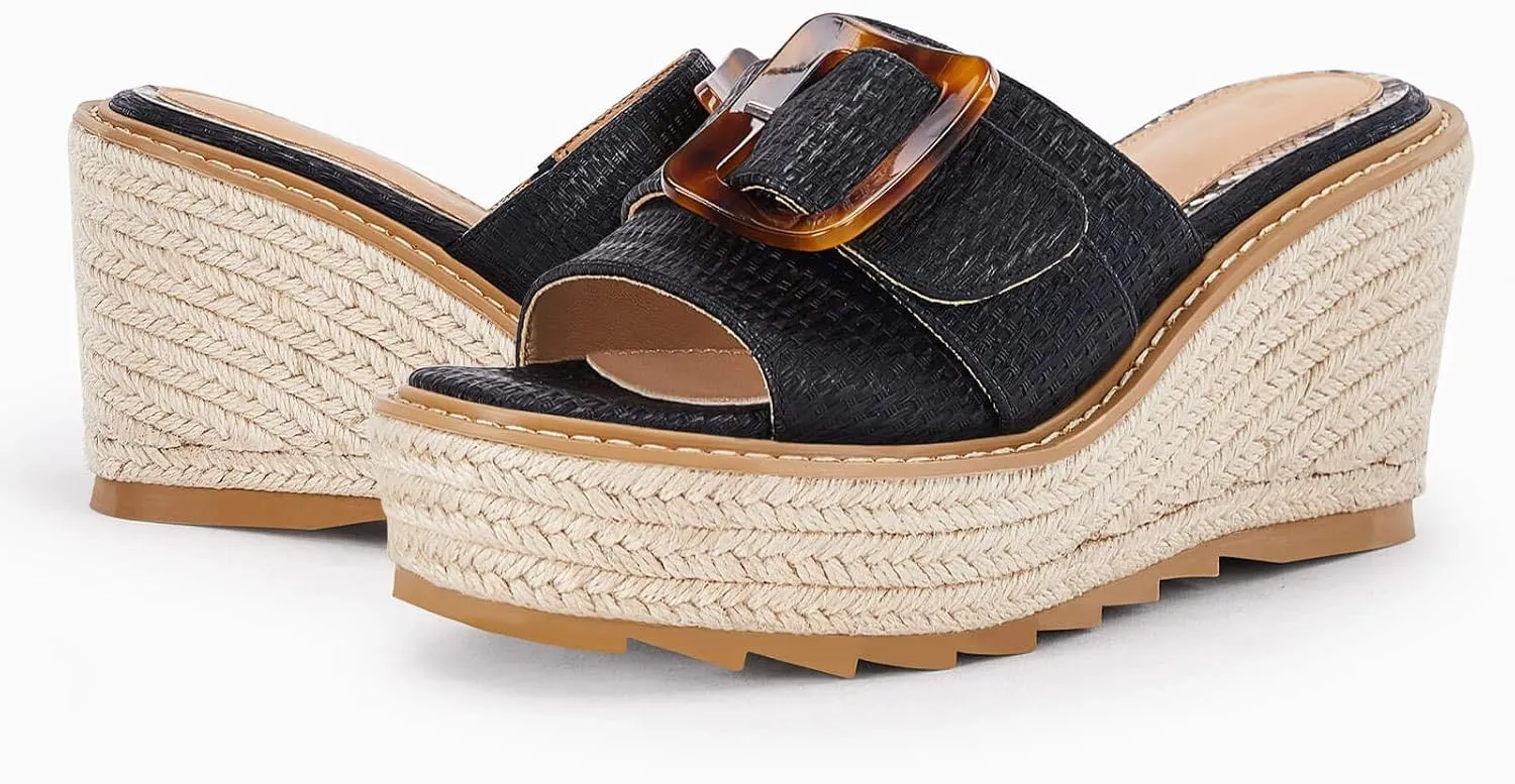Coutgo Women's Wedge Platform Espadrille Slide Sandals Slip On Open Toe High Heels Buckle Casual Summer Shoes