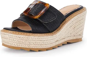 Coutgo Women's Wedge Platform Espadrille Slide Sandals Slip On Open Toe High Heels Buckle Casual Summer Shoes