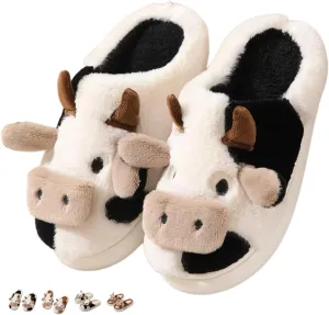 Cow Slippers for Women Men Indoor Cute Cotton Plush Home Couple Slippers Comfy Slides Outdoor Warm Winter Bedroom House Slippers Shoes Cozy Slip On Non-Slip Fuzzy Slippers