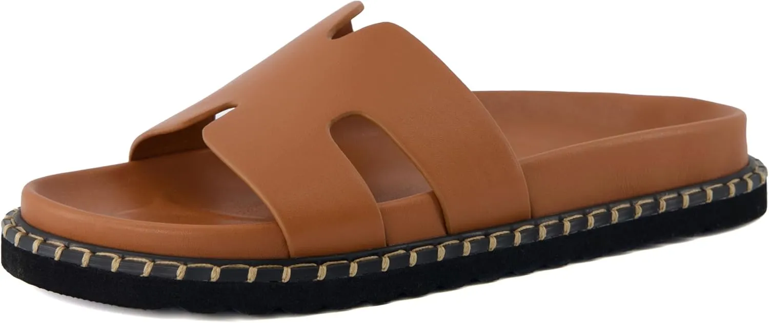 CUSHIONAIRE Crisp Women’s Slide Sandal – Faux Leather Cutout Slip-On with Artisan Stitching & Memory Foam, Wide Widths Available