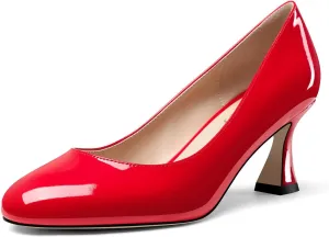 DearOnly Womens Close Round Toe Sexy Casual Slip-on Pumps Patent Leather Mid Heel Basic Classic Office Shoes 2.6 Inches Heels