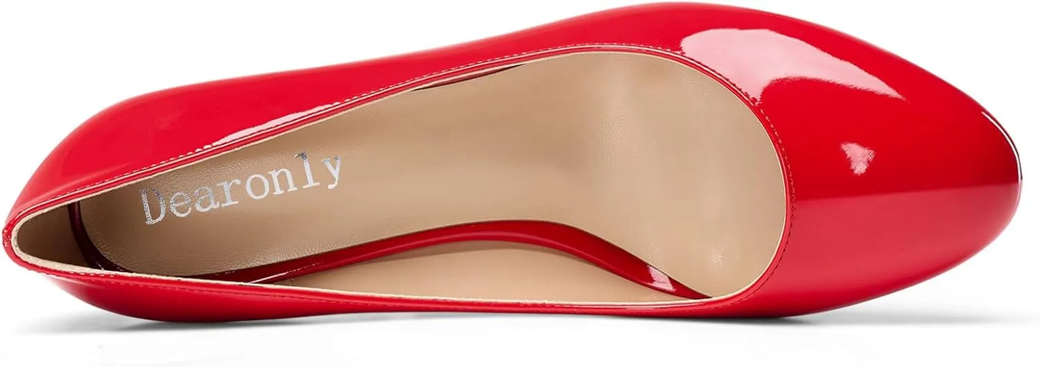 DearOnly Womens Close Round Toe Sexy Casual Slip-on Pumps Patent Leather Mid Heel Basic Classic Office Shoes 2.6 Inches Heels