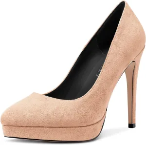 DearOnly Womens Platform Pumps Round Closed Toe Slip On Stiletto High Heel Suede Dress Shoes Bridal Wedding Office 5 Inch