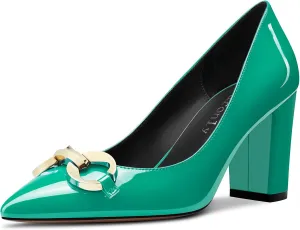 DearOnly Womens Pumps Pointed Toe Block Chunky High Heel Slip On Patent Dress Shoes Office 3 Inch