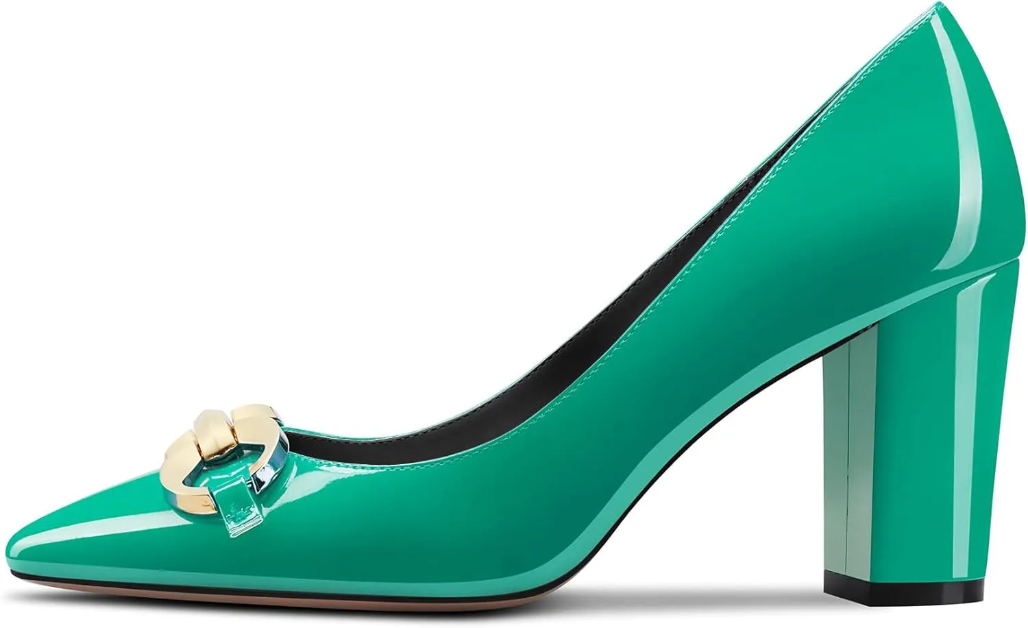 DearOnly Womens Pumps Pointed Toe Block Chunky High Heel Slip On Patent Dress Shoes Office 3 Inch
