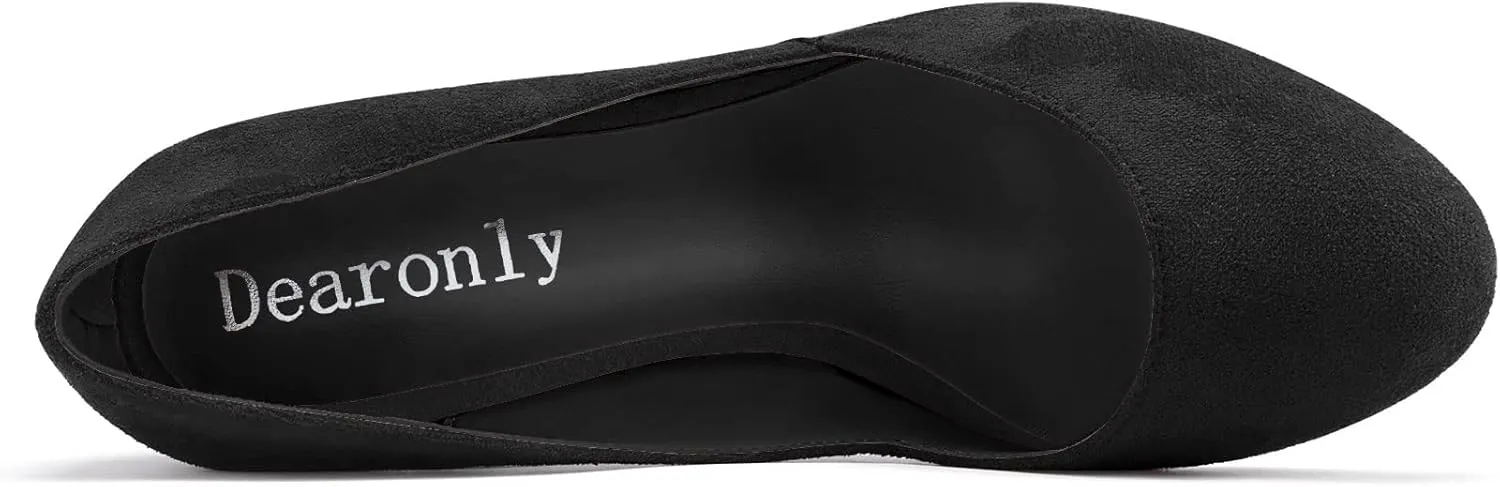 DearOnly Womens Pumps Round Closed Toe Block Chunky High Heel Slip On Suede Dress Shoes Shopping Office Cute 3 Inch