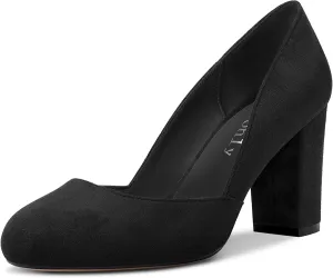 DearOnly Womens Pumps Round Closed Toe Block Chunky High Heel Slip On Suede Dress Shoes Shopping Office Cute 3 Inch
