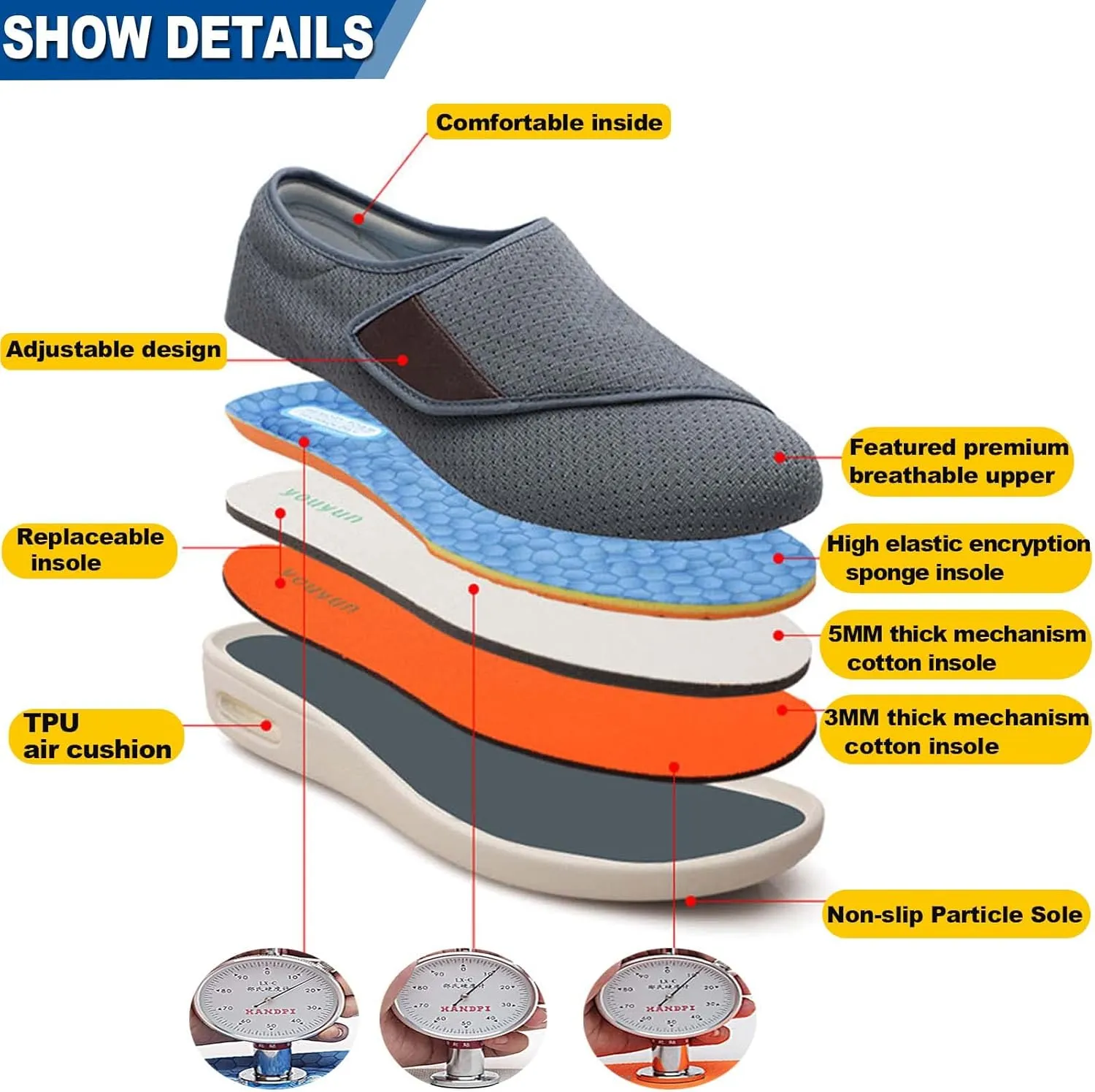 Edema Shoes with Fully Adjustable Closures, Easy On/Off, Air Cushion Walking Sneakers for Elderly Swollen Feet, for dad, Husband, Grandpa