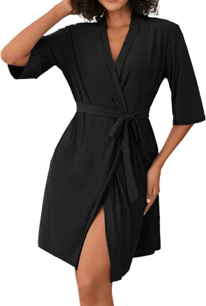 Ekouaer Short Robes for Women Lightweight Bathrobe Kimono Robes Knee Length 3/4 Sleeve Swiss Polka Dot Soft Robe with Pockets