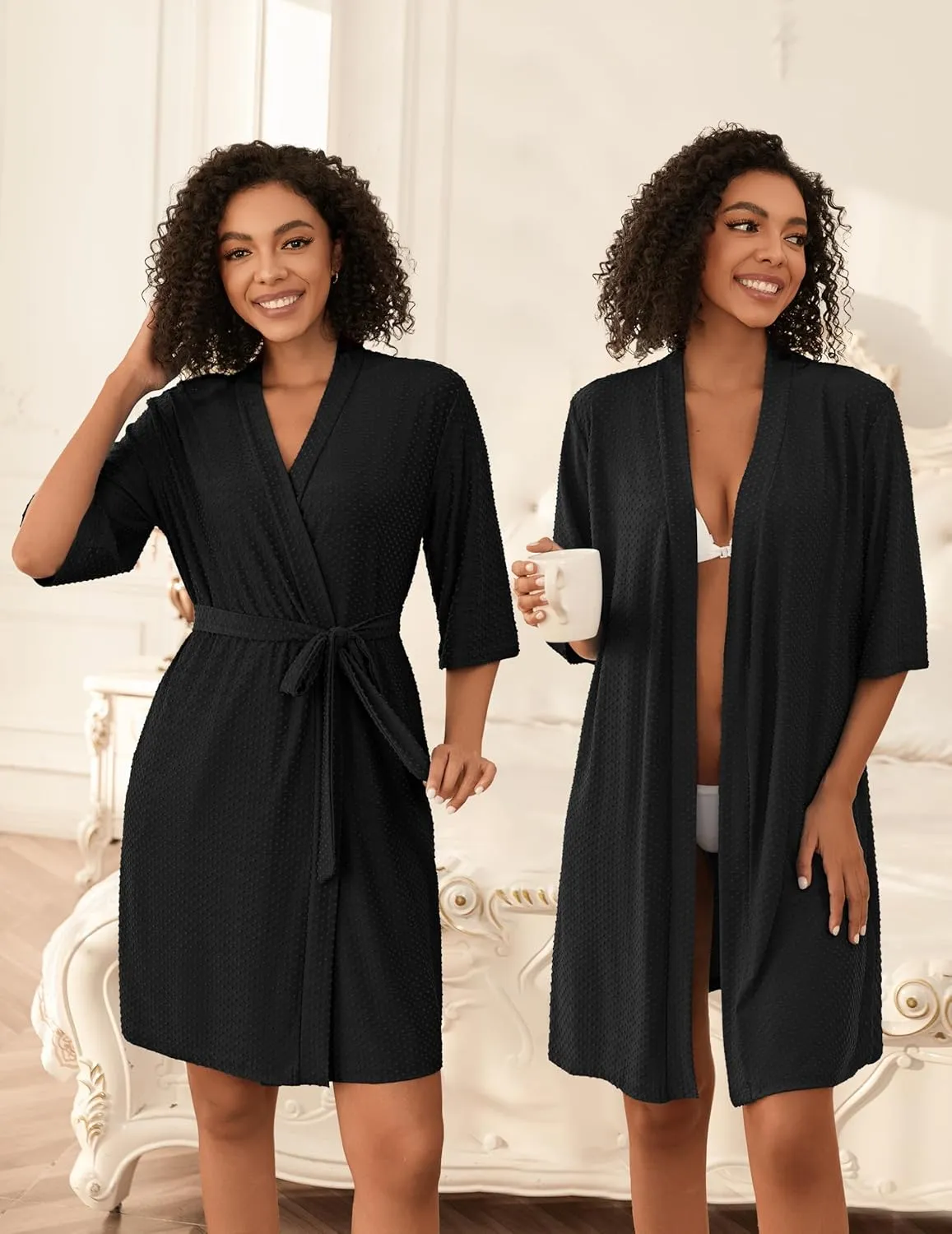 Ekouaer Short Robes for Women Lightweight Bathrobe Kimono Robes Knee Length 3/4 Sleeve Swiss Polka Dot Soft Robe with Pockets