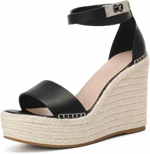 Espadrille Wedge Sandals for Women, Platform Ankle Strap with adjustable Buckle Round Open Toe Summer Shoes
