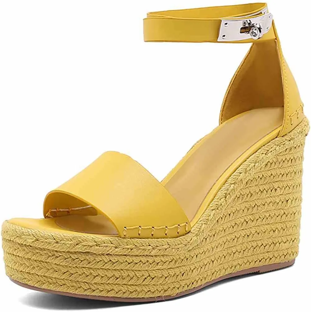 Espadrille Wedge Sandals for Women, Platform Ankle Strap with adjustable Buckle Round Open Toe Summer Shoes
