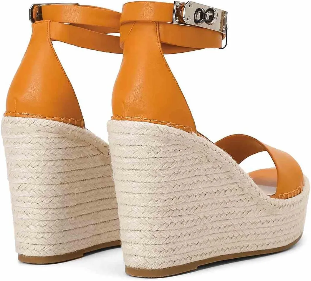 Espadrille Wedge Sandals for Women, Platform Ankle Strap with adjustable Buckle Round Open Toe Summer Shoes