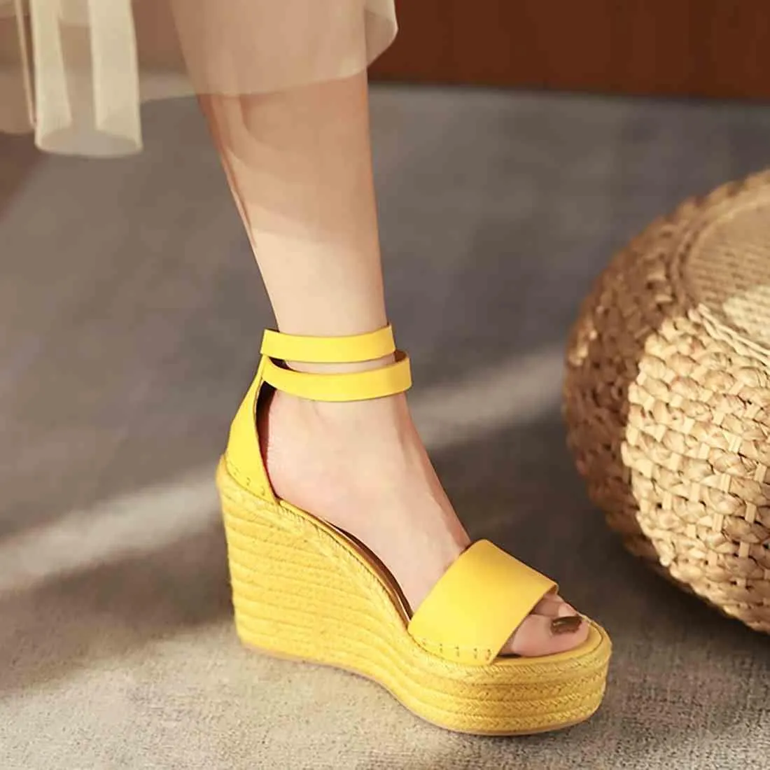 Espadrille Wedge Sandals for Women, Platform Ankle Strap with adjustable Buckle Round Open Toe Summer Shoes