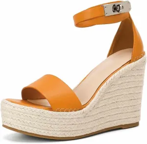 Espadrille Wedge Sandals for Women, Platform Ankle Strap with adjustable Buckle Round Open Toe Summer Shoes