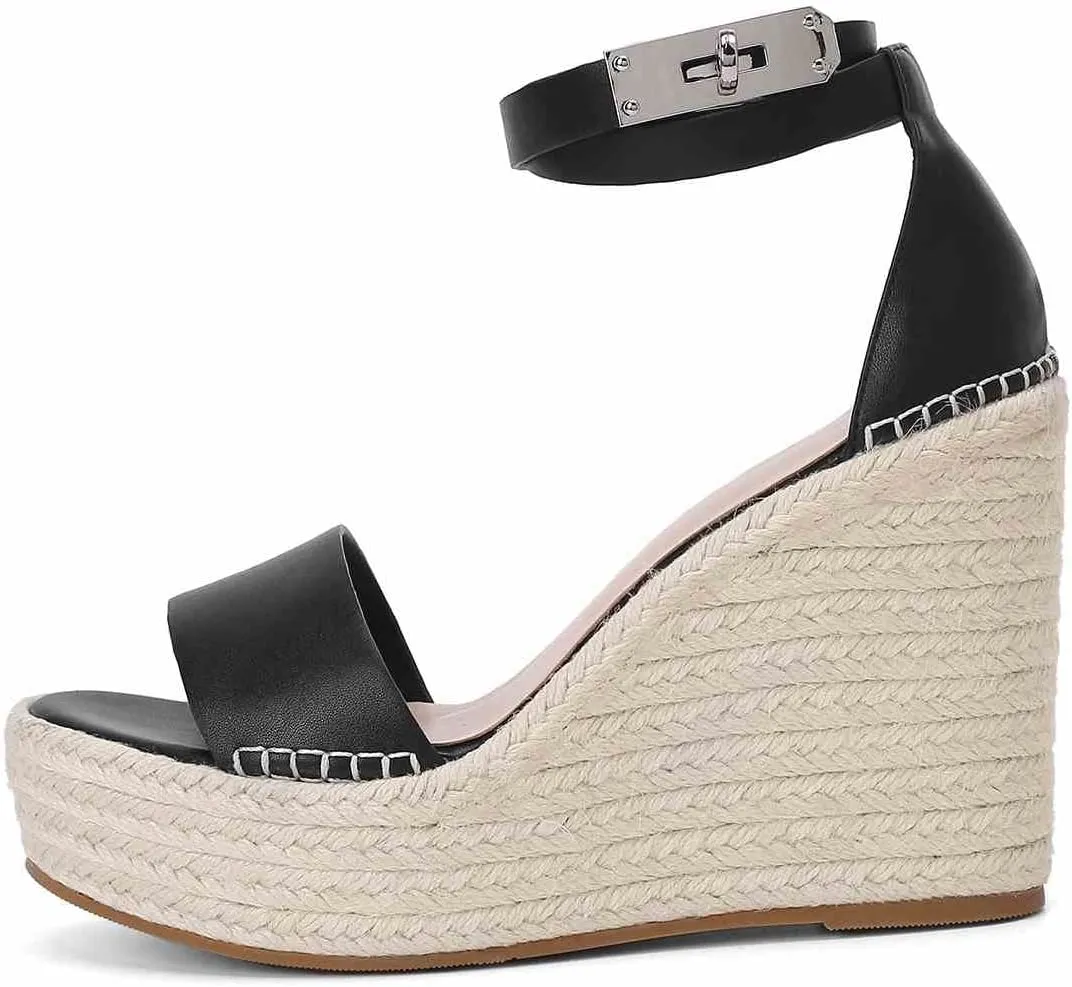 Espadrille Wedge Sandals for Women, Platform Ankle Strap with adjustable Buckle Round Open Toe Summer Shoes