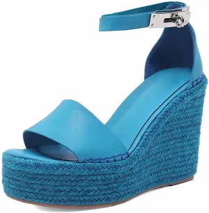 Espadrille Wedge Sandals for Women, Platform Ankle Strap with adjustable Buckle Round Open Toe Summer Shoes