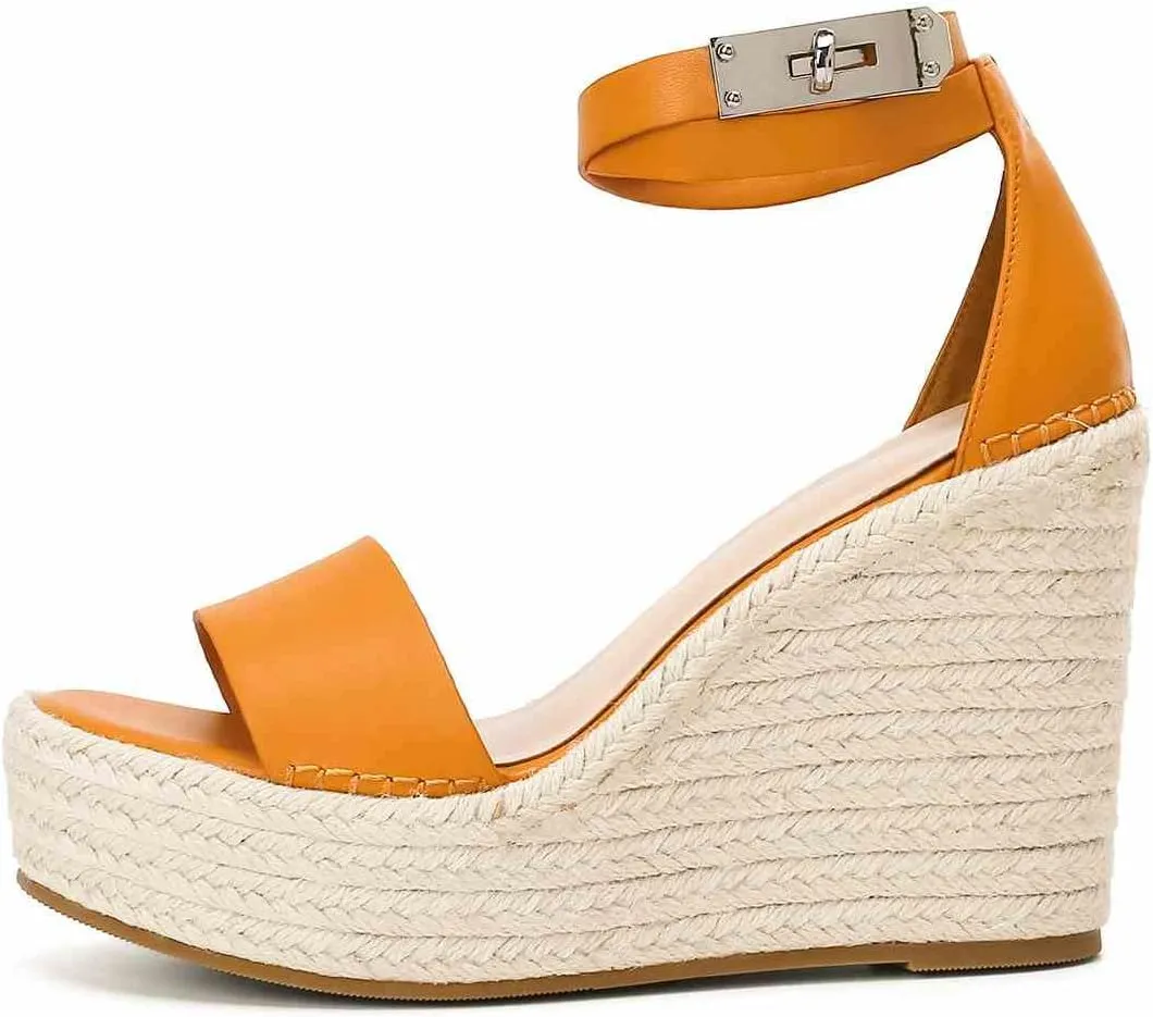 Espadrille Wedge Sandals for Women, Platform Ankle Strap with adjustable Buckle Round Open Toe Summer Shoes
